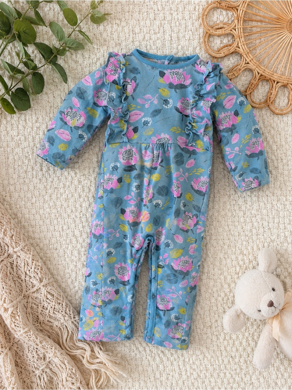 Oliver & Rain Baby Girls Floral Ruffle Organic Cotton Romper Blue 18M